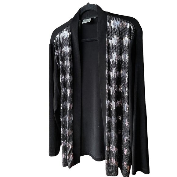 CHICO'S Black and Silver Metallic Sequin Lightweight Open Jacket Cardigan - Picture 2 of 11
